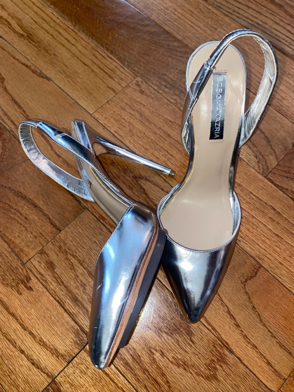 BCBGMaxAzria Silver Pointed-Toe Slingback Stilettos